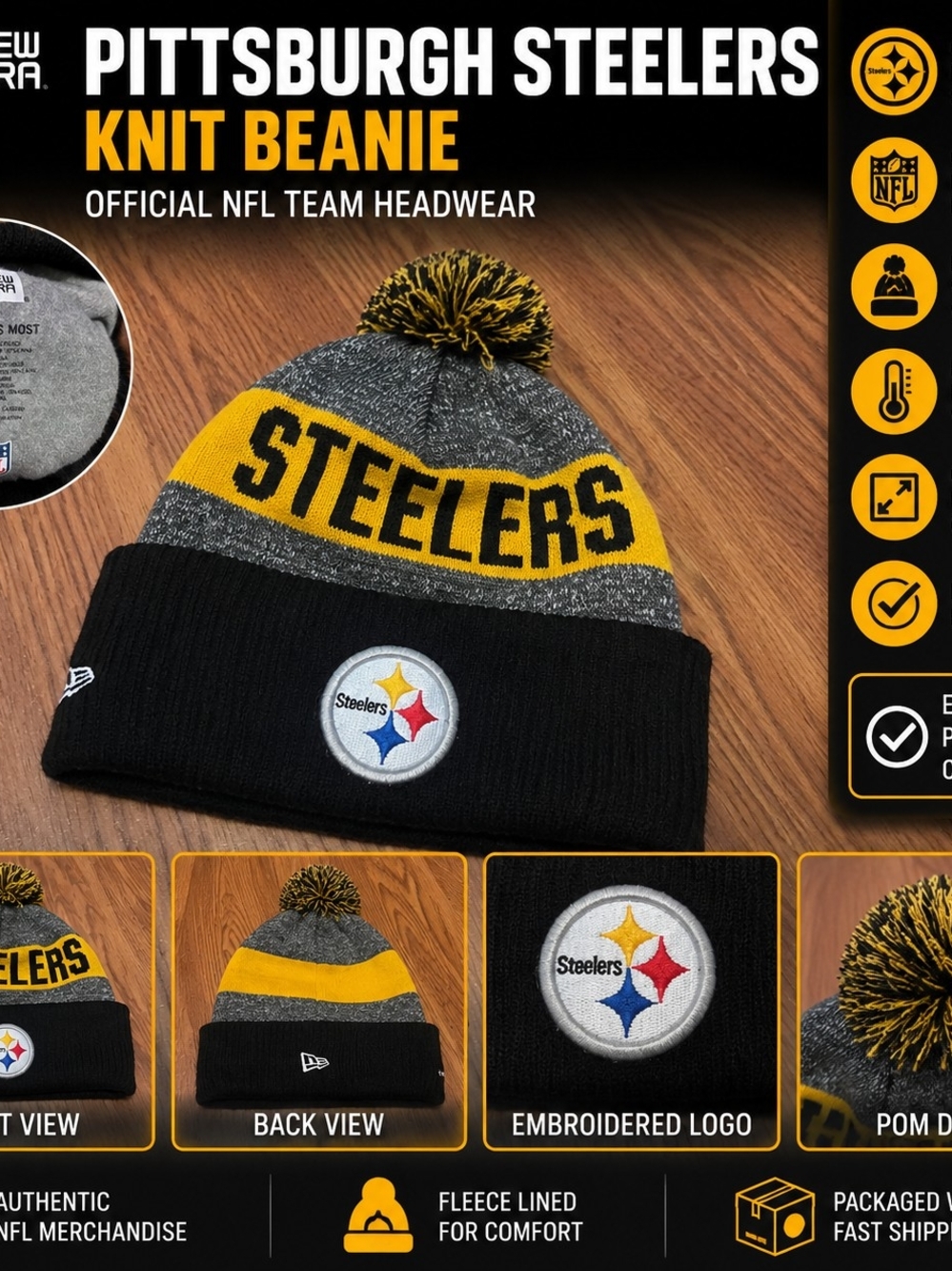 New Era Pittsburgh Steelers NFL Pom Knit Beanie Hat Black Gray Gold One Size OSF